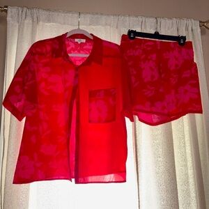 Entro Red Floral Button-Up Shirt and Shorts Set
